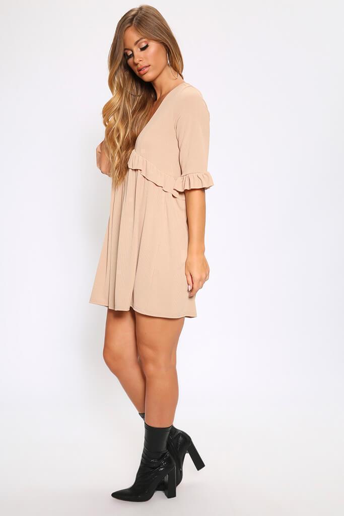 Sand Basic Plunge Neck Frill Detail Ribbed Smock Dress