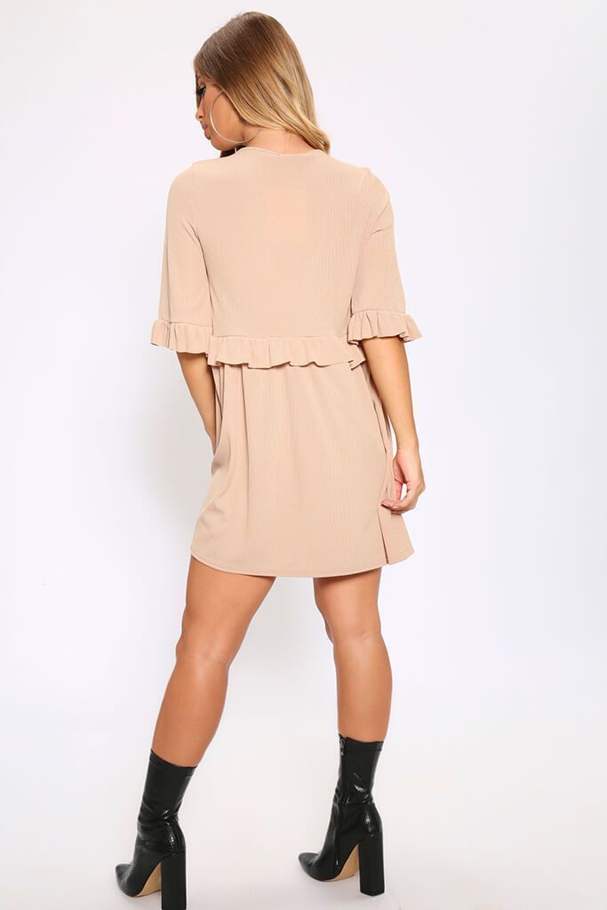 Sand Basic Plunge Neck Frill Detail Ribbed Smock Dress