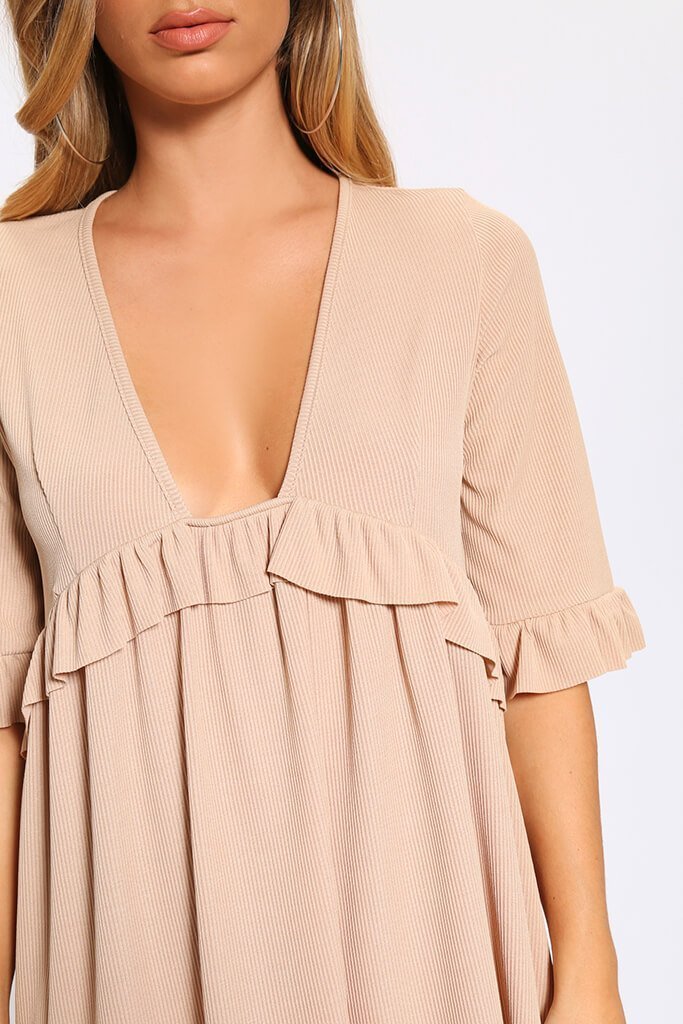Sand Basic Plunge Neck Frill Detail Ribbed Smock Dress