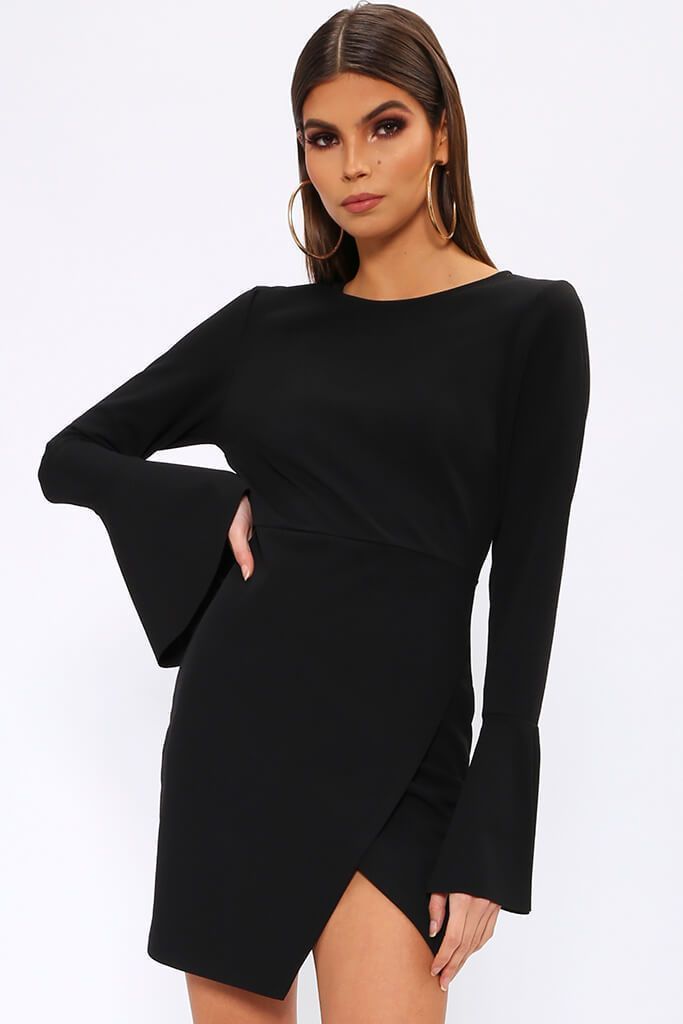 Black Long Flare Sleeve Mini Dress