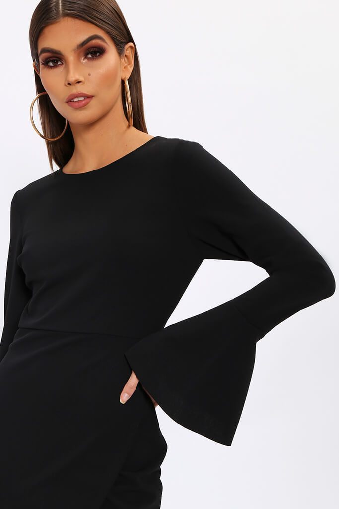 Black Long Flare Sleeve Mini Dress