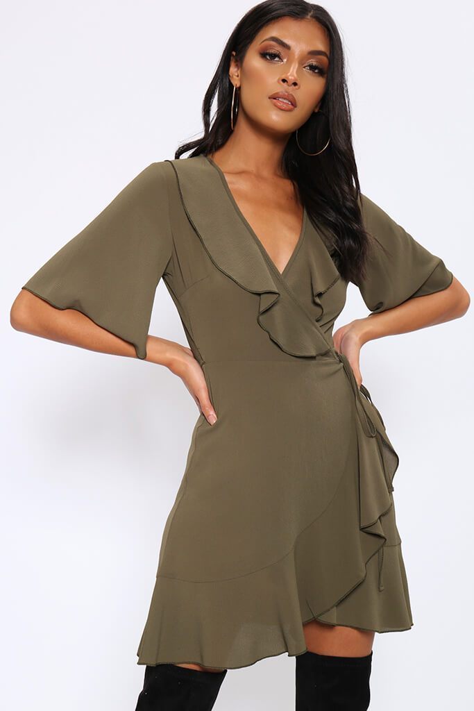 Khaki Ruffle Detail Wrap Mini Dress