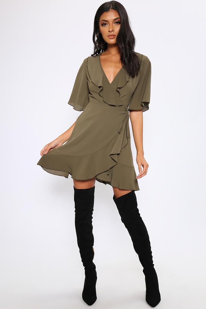 Khaki Ruffle Detail Wrap Mini Dress