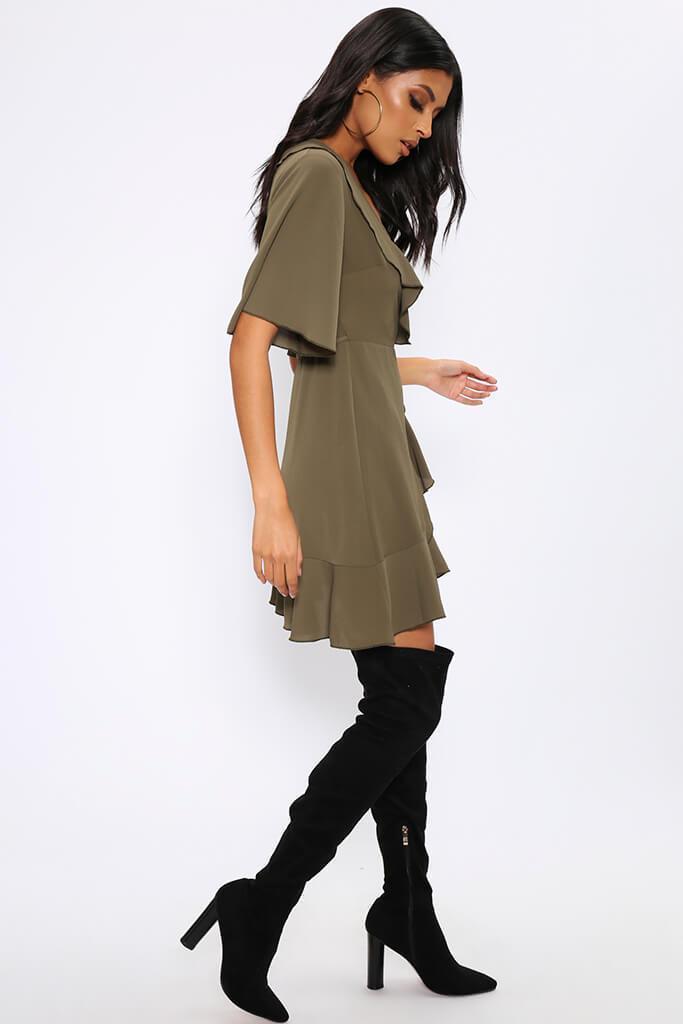 Khaki Ruffle Detail Wrap Mini Dress