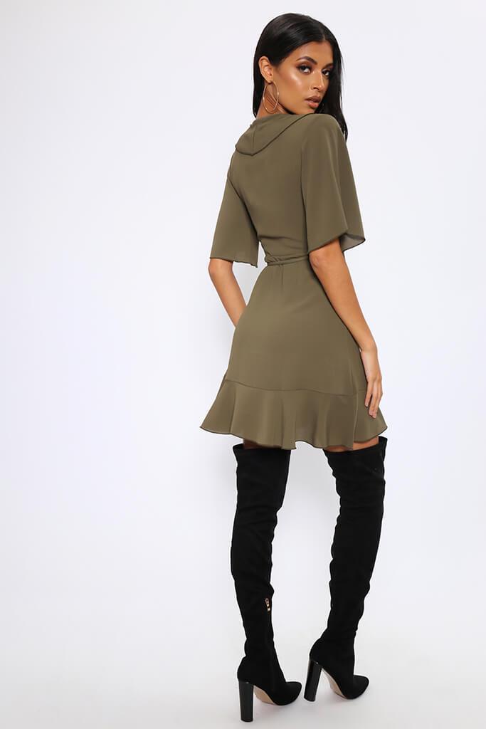 Khaki Ruffle Detail Wrap Mini Dress