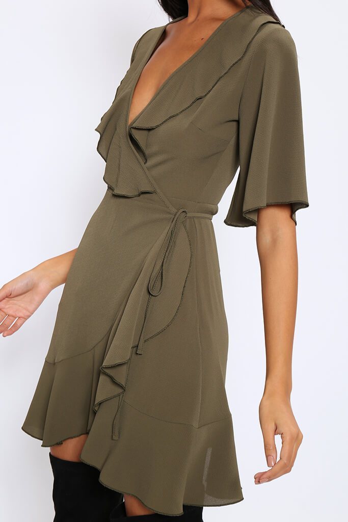 Khaki Ruffle Detail Wrap Mini Dress