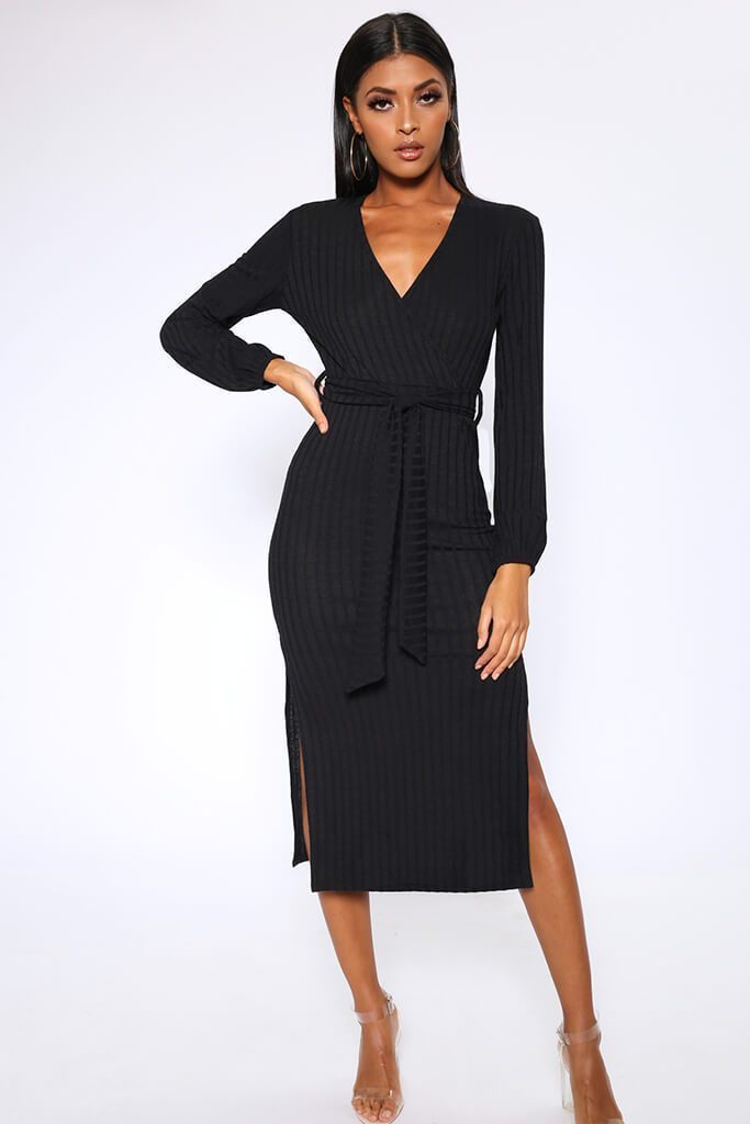 Black Chunky Rib Wrap Midi Dress