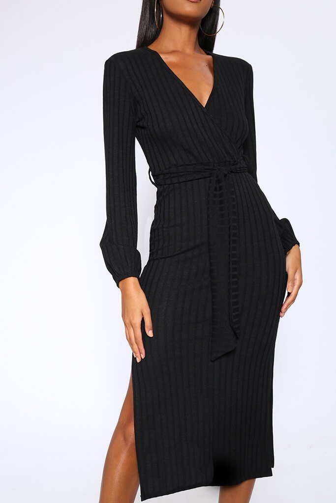 Black Chunky Rib Wrap Midi Dress