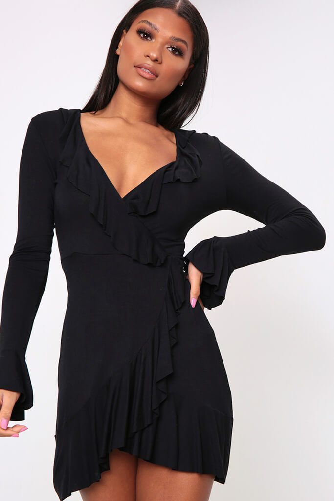 Black Frill Wrap Dress