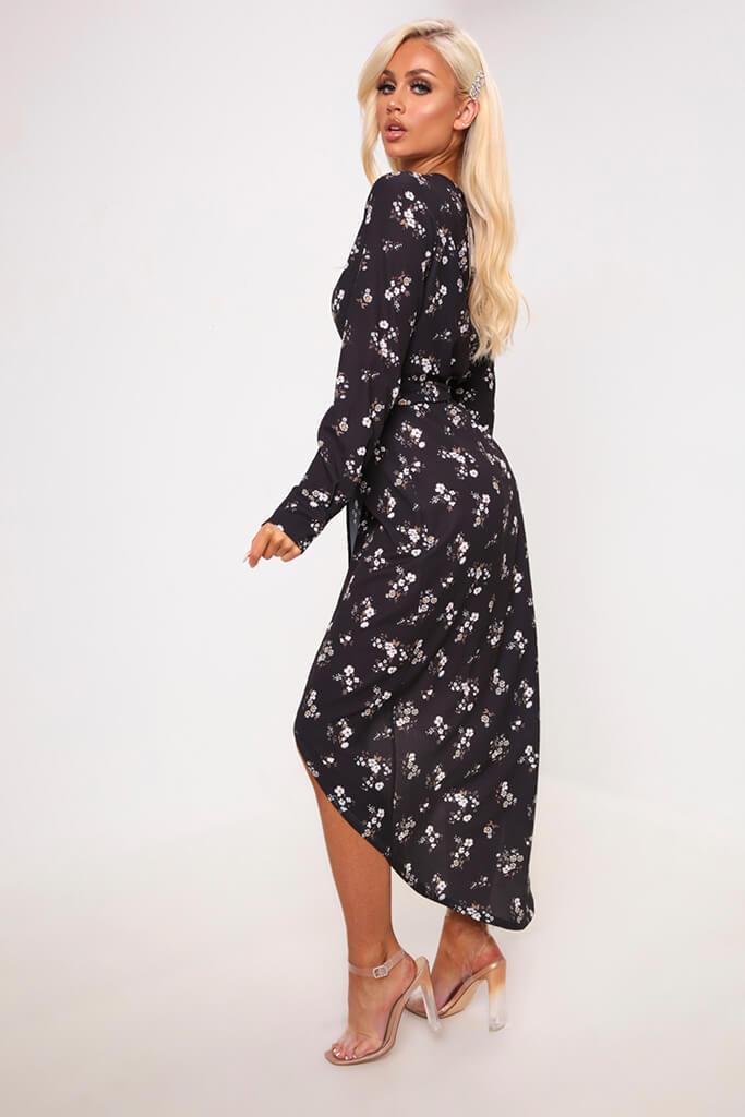 Black Floral Print Long Sleeve Wrap Midi Dress
