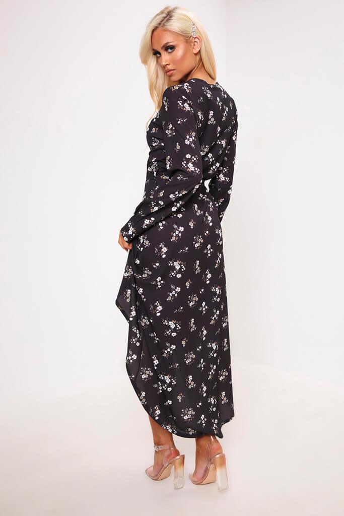 Black Floral Print Long Sleeve Wrap Midi Dress