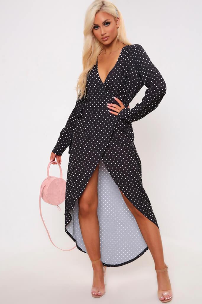 Black Polka Dot Print Long Sleeve Wrap Midi Dress