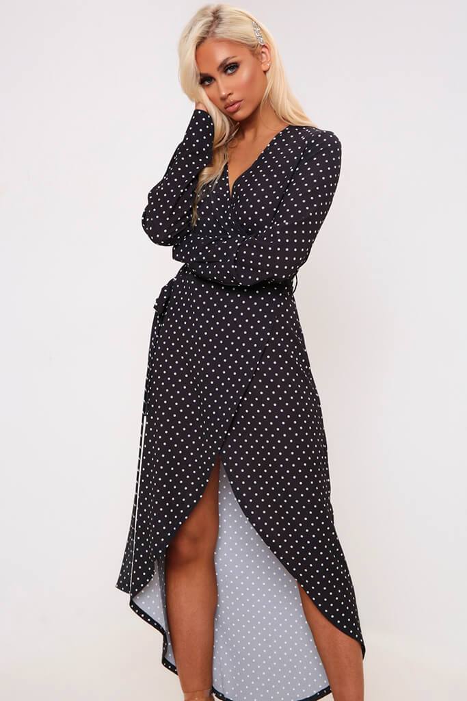 Black Polka Dot Print Long Sleeve Wrap Midi Dress