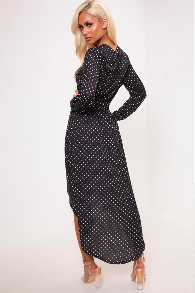 Black Polka Dot Print Long Sleeve Wrap Midi Dress