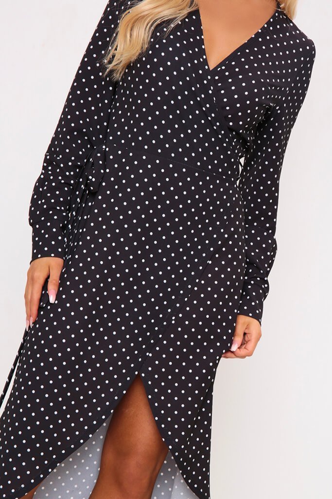 Black Polka Dot Print Long Sleeve Wrap Midi Dress