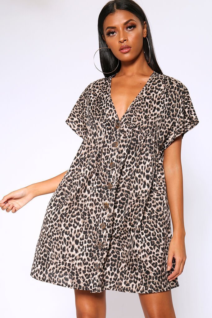 Brown Leopard Print Button Front Smock Dress