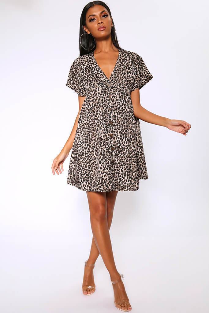 Brown Leopard Print Button Front Smock Dress