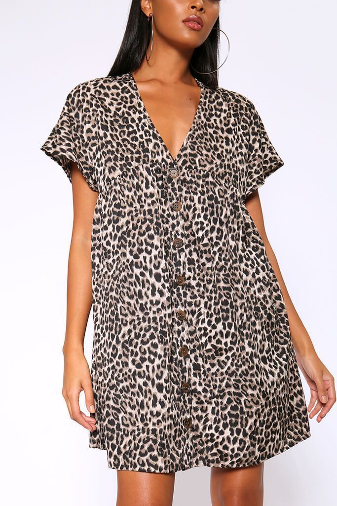 Brown Leopard Print Button Front Smock Dress